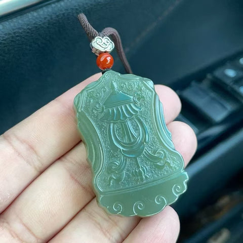 Liontin Buddha Giok Hetian Alami Ukiran Tangan Ukuran 32.8 * 52.9mm Giok halus dan hangat Termasuk ongkos kirim dan pajak