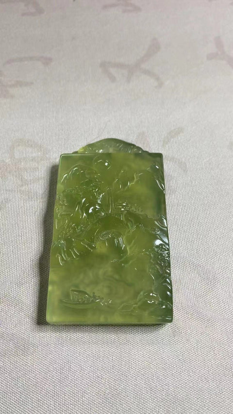 Jade Landscape: Liontin giok yang indah, plakat lanskap, dua sisi, memakai plakat lanskap adalah cara yang pasti untuk menghasilkan banyak uang, ukuran: 64 ✖️36mm Ongkos kirim dan pajak sudah termasuk.