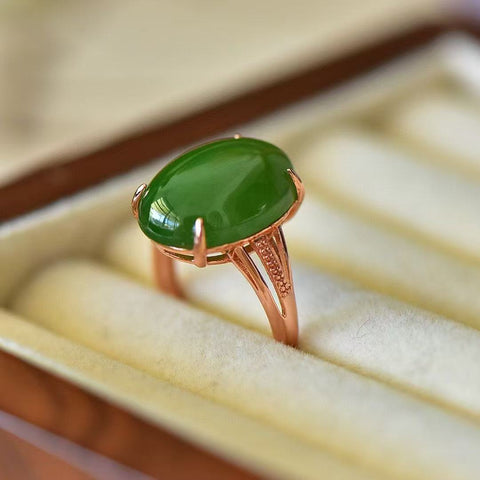 925 Perak dengan Hetian Jade Jasper Egg Face (Rose Gold) Cincin Perak Polos, Gaya Sederhana dan Mencolok, Giok Halus Termasuk Pajak Pengiriman