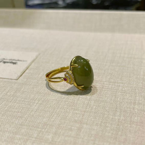 Cincin Hotan Jasper, Oriental Lucky Stone s925 Perak dengan Pengaturan Berlapis Warna Emas; Termasuk Pajak dan Biaya Pengiriman