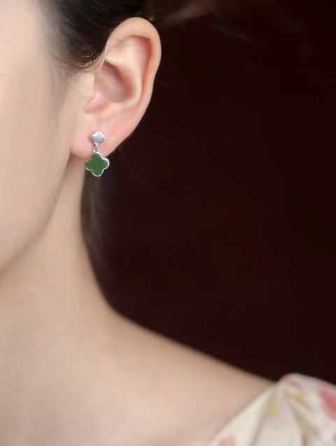 Anting Jasper Semanggi Alami 925 Tatahan Perak Gaya bersih dan tajam Giok bersih dan halus dan hangat Termasuk ongkos kirim dan pajak