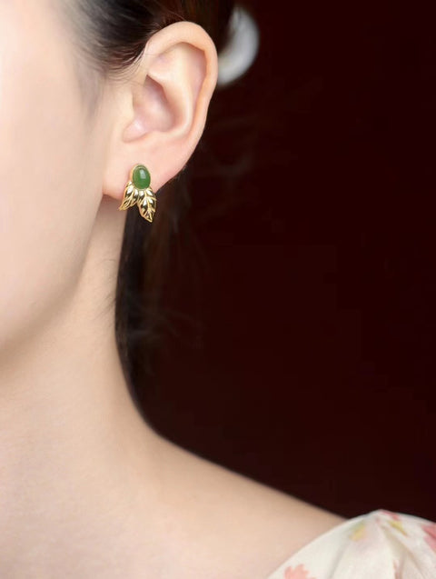 Anting Pejantan Daun Jasper Alami 925 Giok Tatahan Perak bersih, halus dan hangat Gaya Desain Unik Desain Unik Sudah termasuk pajak pengiriman