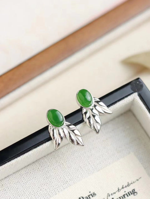 Anting Pejantan Daun Jasper Alami 925 Giok Tatahan Perak bersih, halus dan hangat Gaya Desain Unik Desain Unik Sudah termasuk pajak pengiriman