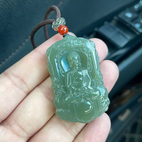 Liontin Buddha Giok Hetian Alami Ukiran Tangan Ukuran 32.8 * 52.9mm Giok halus dan hangat Termasuk ongkos kirim dan pajak