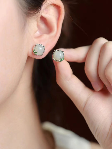 Anting Bambu Giok Hetian Giok Alami & 925 Giok Tatahan Perak bersih, halus dan hangat Termasuk ongkos kirim dan pajak