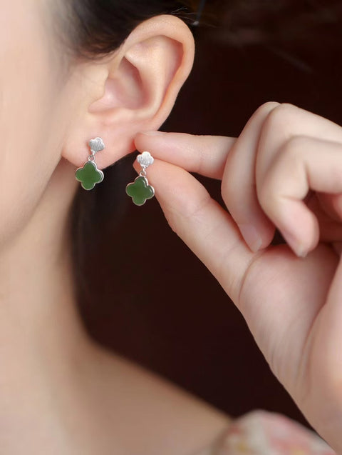 Anting Jasper Semanggi Alami 925 Tatahan Perak Gaya bersih dan tajam Giok bersih dan halus dan hangat Termasuk ongkos kirim dan pajak