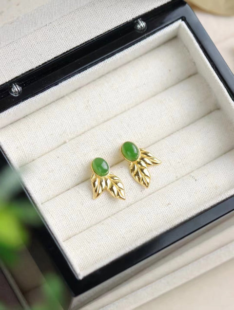 Anting Pejantan Daun Jasper Alami 925 Giok Tatahan Perak bersih, halus dan hangat Gaya Desain Unik Desain Unik Sudah termasuk pajak pengiriman