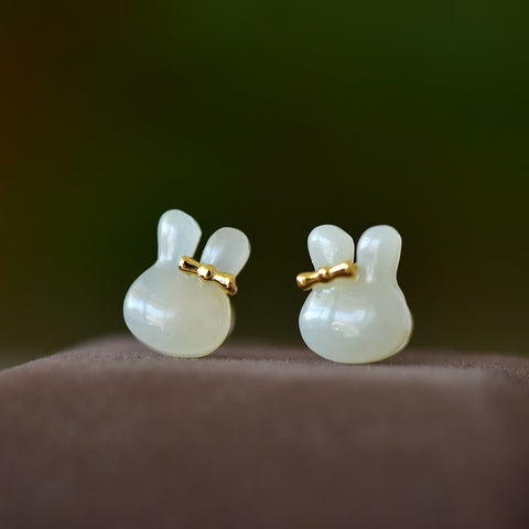 Anting kelinci giok Hetian perak sterling 925 🐰(kotak pengiriman + sertifikat) Spesifikasi ukuran: 10*12 mm, Termasuk pajak pengiriman ( 2897-2# )