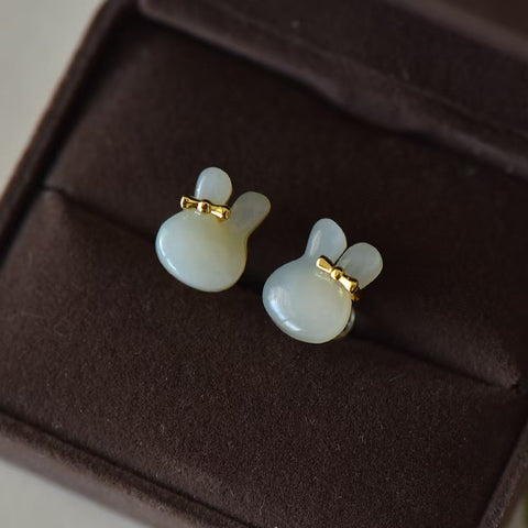 Anting kelinci giok Hetian perak sterling 925 🐰(kotak pengiriman + sertifikat) Spesifikasi ukuran: 10*12 mm, Termasuk pajak pengiriman ( 2897-2# )