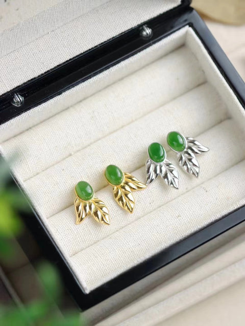 Anting Pejantan Daun Jasper Alami 925 Giok Tatahan Perak bersih, halus dan hangat Gaya Desain Unik Desain Unik Sudah termasuk pajak pengiriman